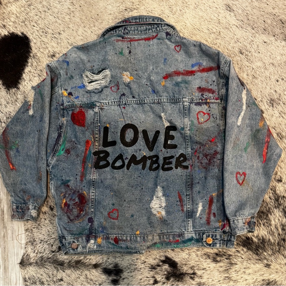 Love Bomber design by "The VinHaus" Zara recycled Artistic Denim Jacket